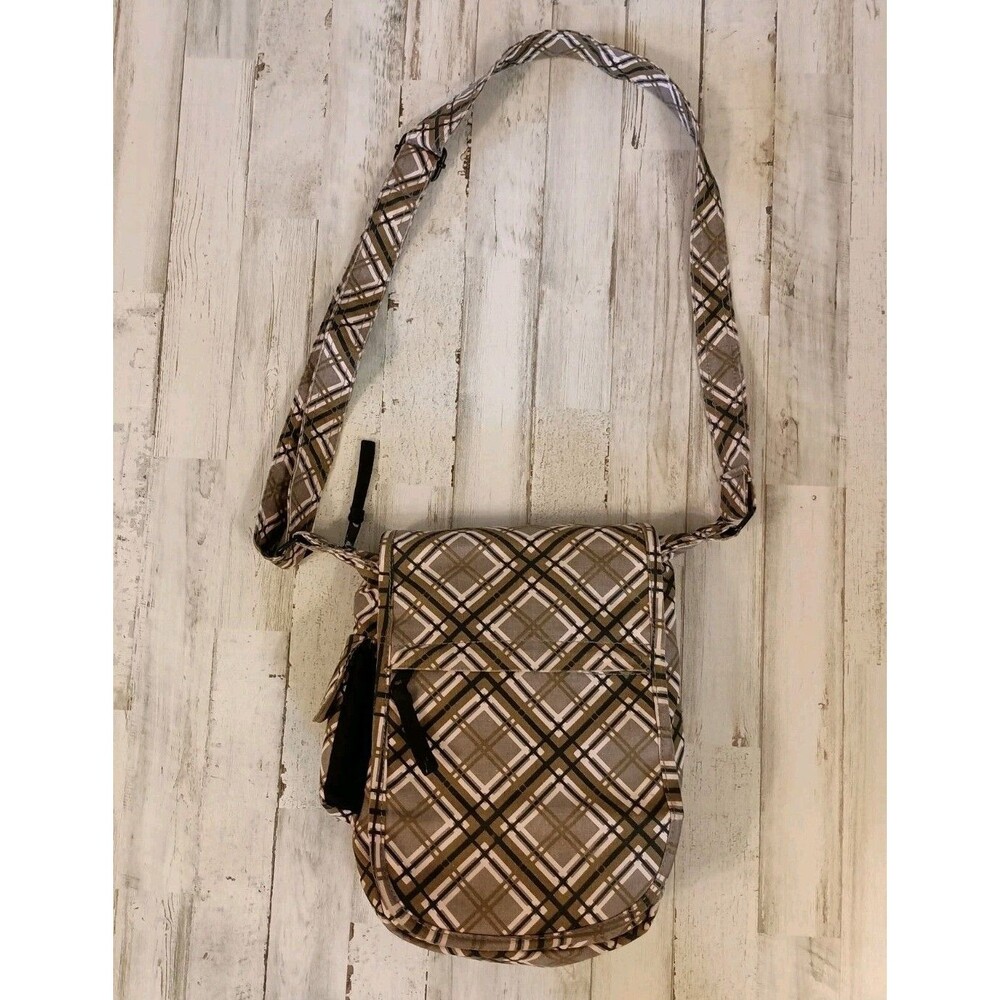 KAVU Kicker Canvas Crossbody/Messenger Bag Flap Closure Beige Plaid 8"x 11"